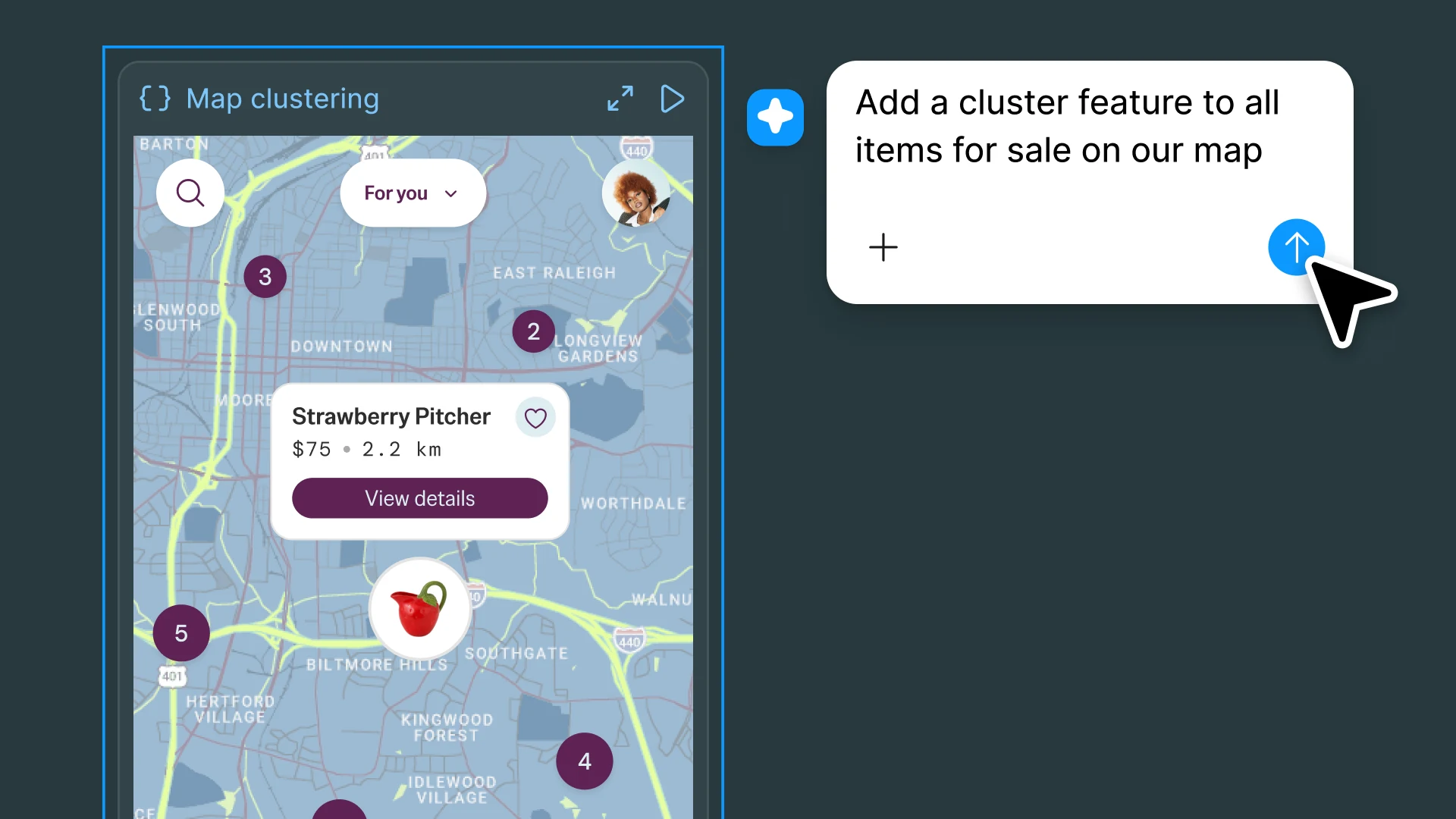 Figma’s code layers demonstration showing an interactive map prototype beside a prompt asking its agent to add clustered listings.