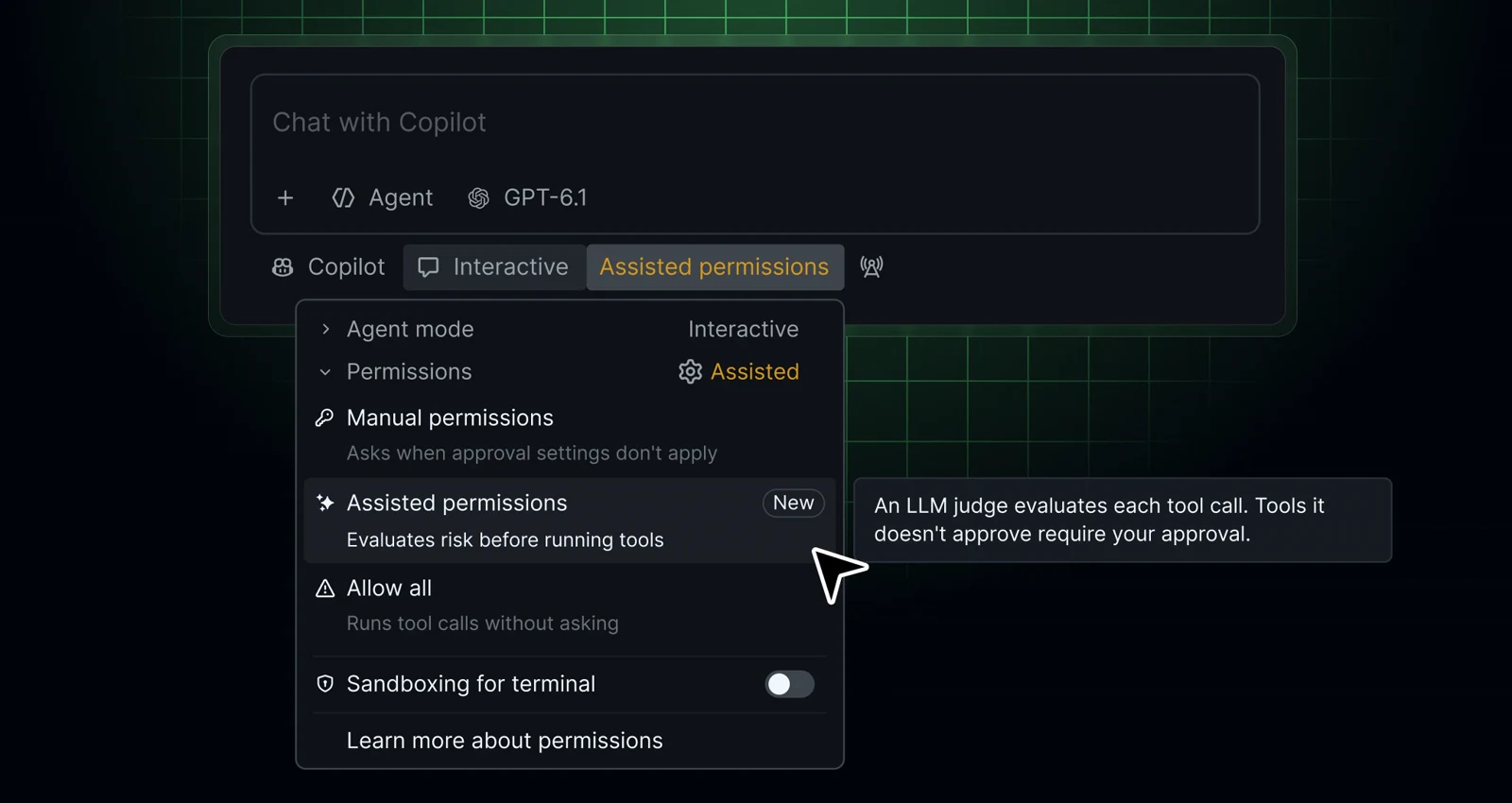 Copilot's VS Code permissions menu with Assisted permissions selected.