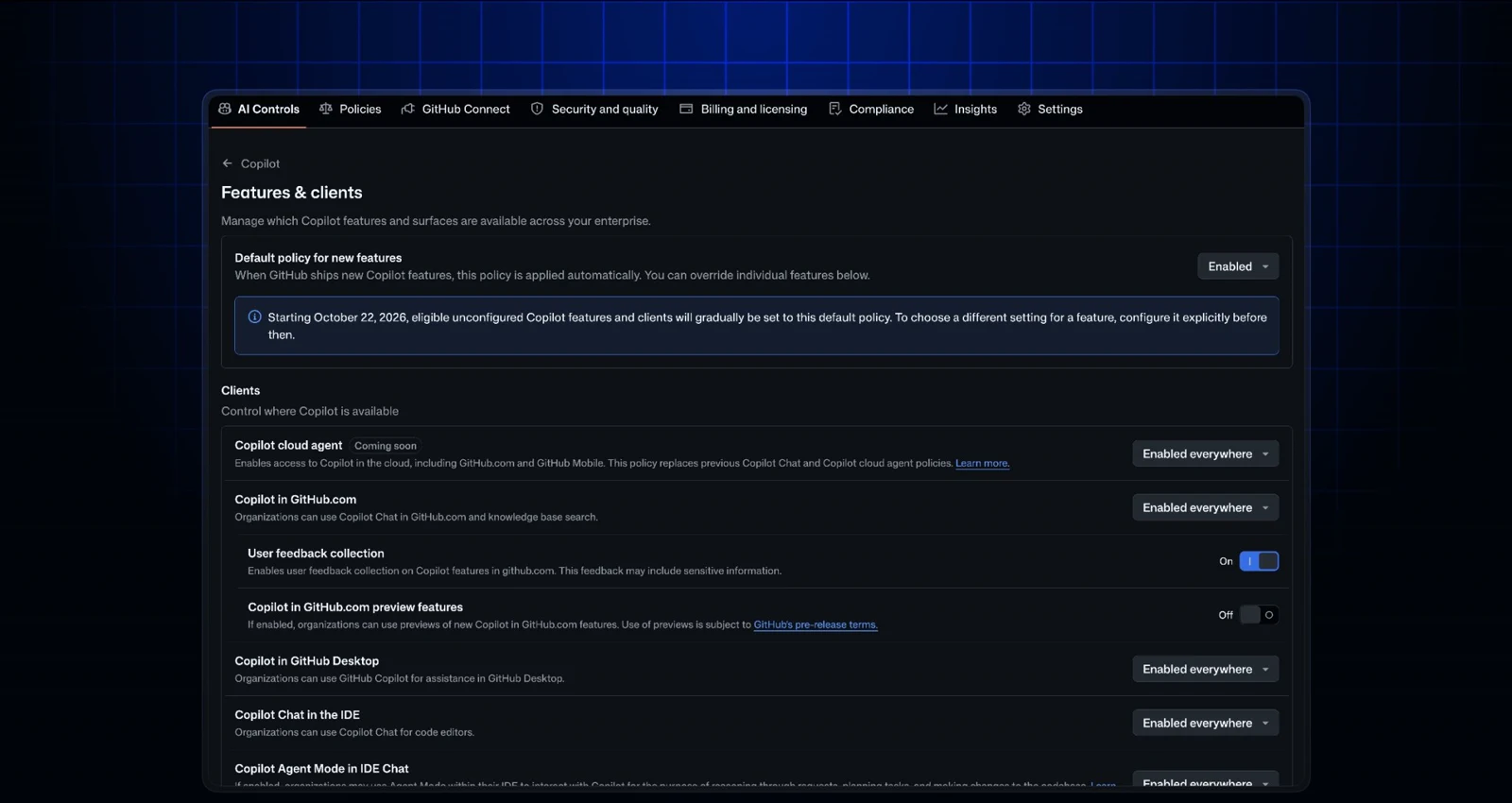 GitHub Copilot settings showing Enabled for the new-feature default and an October 22 rollout notice, illustrating the lead item.