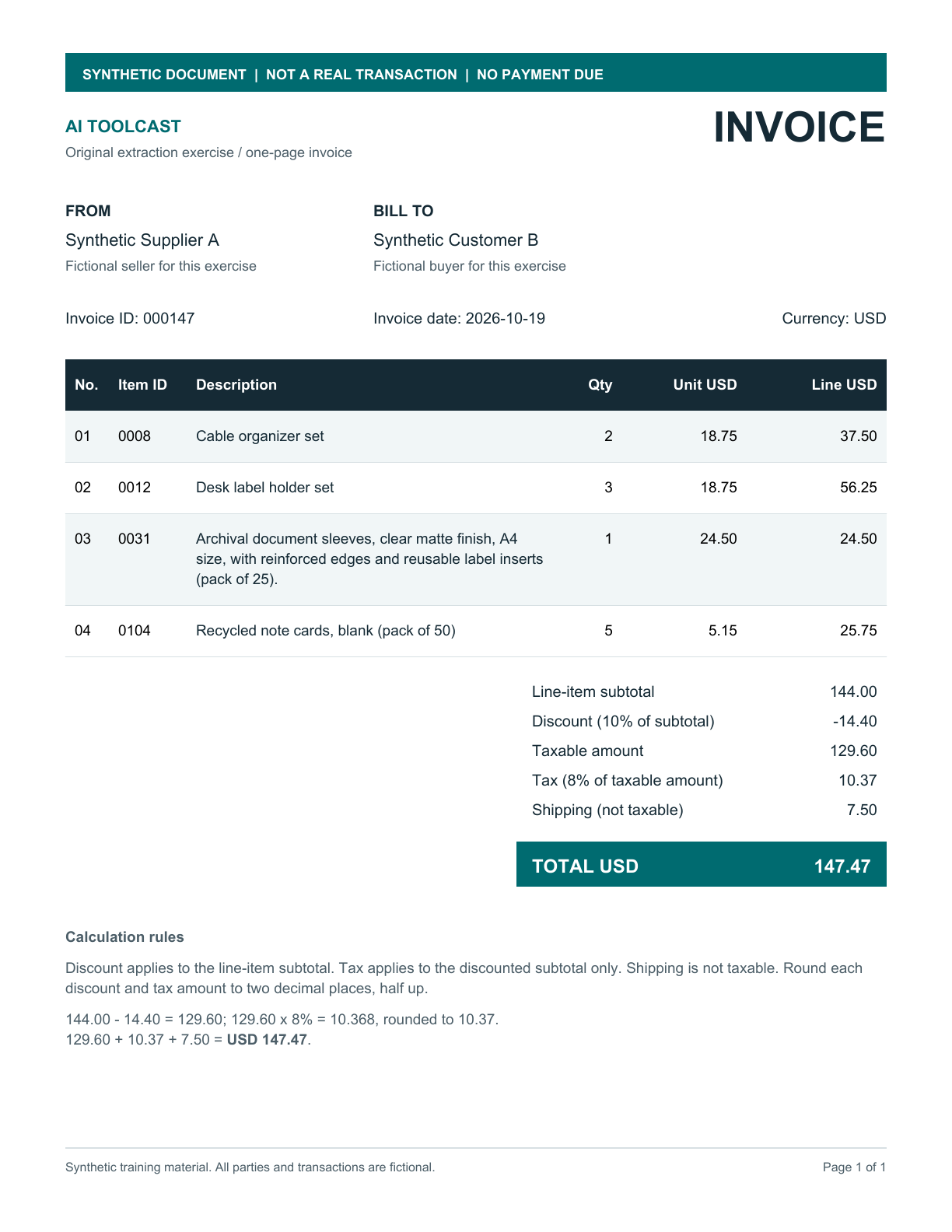 Preview of synthetic invoice 000147, with four line items and a total of USD 147.47.